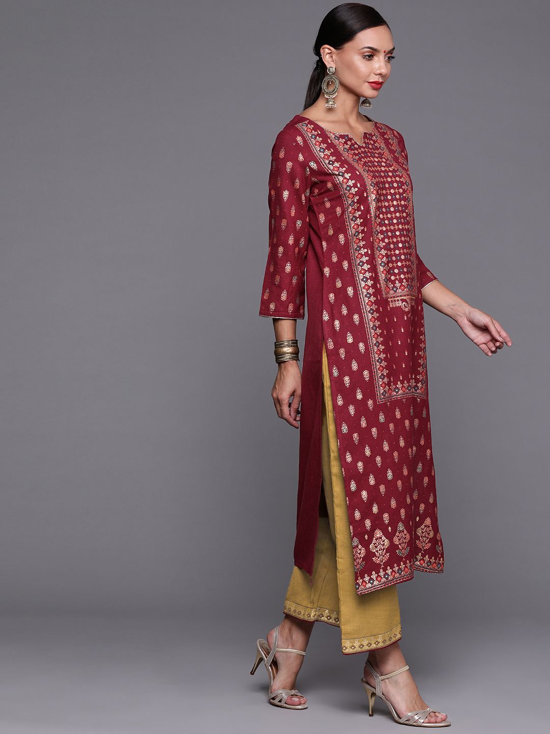Indyancart IE Women Maroon Ethnic Motifs Printed Kurta with Palazzos