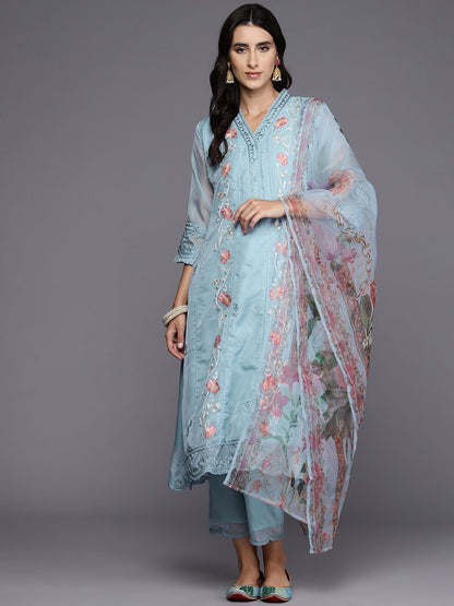 Indyancart IE Women Floral Embroidered Regular Thread Work Kurta with Trousers & Dupatta