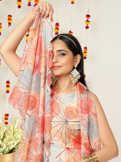Indyancart VA Women'sFloral Printed Halter Neck Anarkali Kurta & Trousers With Dupatta