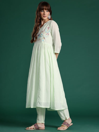 Indyancart IE Floral Embroidered Pleated Thread Work Pure Cotton Kurta with Trousers & Dupatta