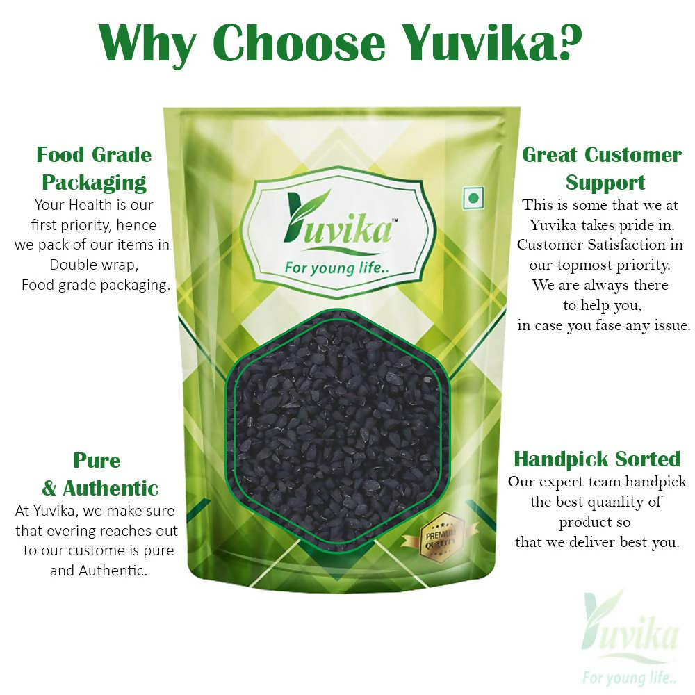 Yuvika Kalonji (Kalaunji, Nigella Sativa) in a spice jar, showcasing small black seeds used in cooking and traditional remedies.