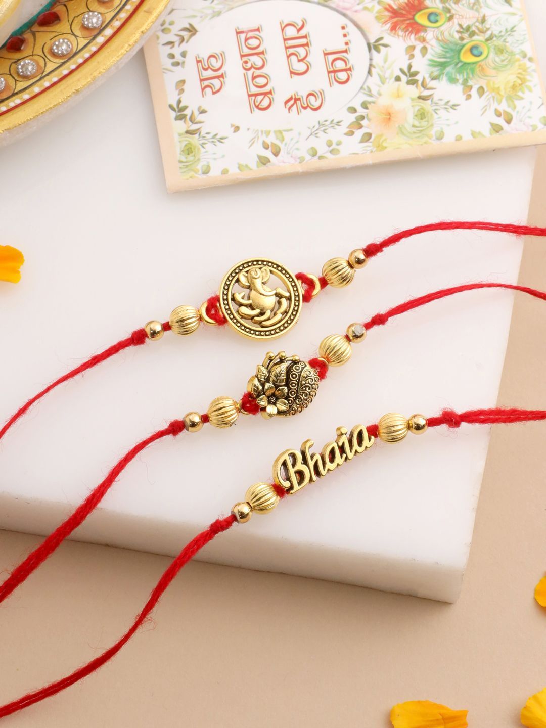Anouk Men Set Of 3 Gold Toned Thread Rakhi With Roli Chawal Chandan Mishri