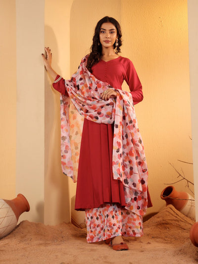 Indyancart VA Women'sMaroon V-Neck Long Sleeves Anarkali Kurta With Palazzo & Dupatta