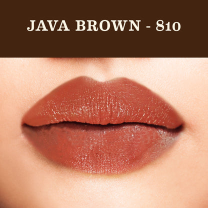 SoulTree Ayurvedic lipstick in Java Brown 810, showcasing the natural lipstick tube and product packaging.