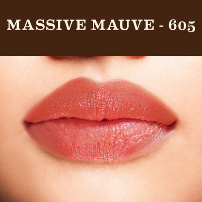 SoulTree Ayurvedic lipstick in Massive Mauve 605, showing the lipstick tube with the mauve shade visible.
