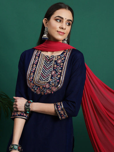 Indyancart SN Women's Yoke Design Embroidered Pure Cotton Straight Kurta With Trousers & Dupatta