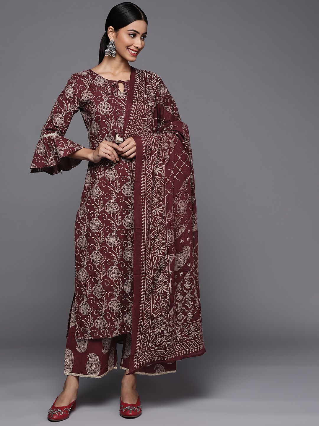 Dhiyona IE Women Purple Floral Kurta with Palazzos & With Dupatta