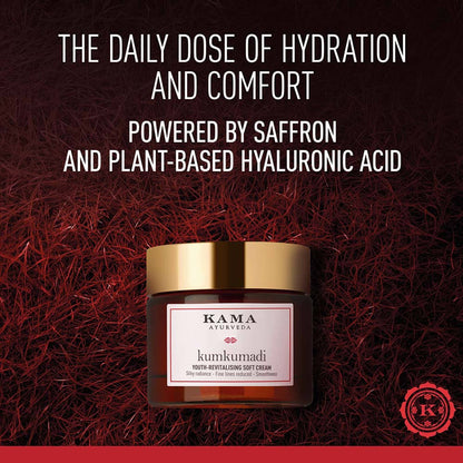Kama Ayurveda Kumkumadi Youth Revitalising Soft Cream for uneven skin and dark spot reduction, with a smooth, creamy texture.