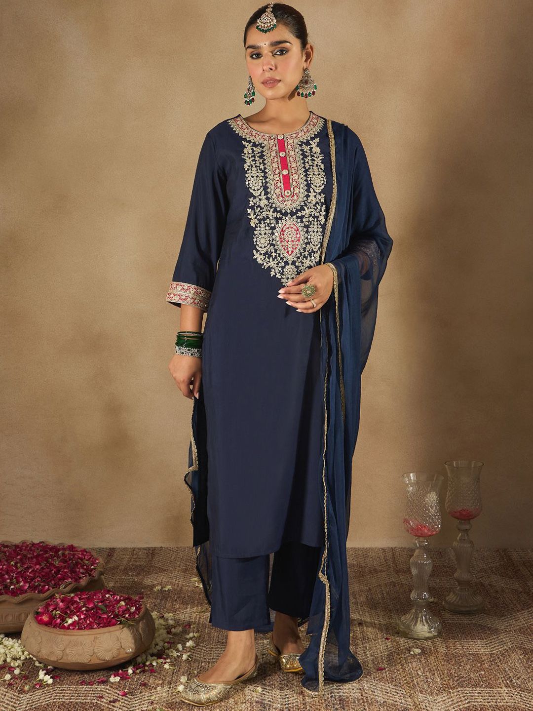 Indyancart IE Women Ethnic Motifs Yoke Design Regular Kurta with Trousers & Dupatta
