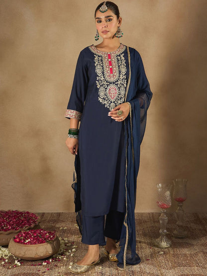 Indyancart IE Women Ethnic Motifs Yoke Design Regular Kurta with Trousers & Dupatta