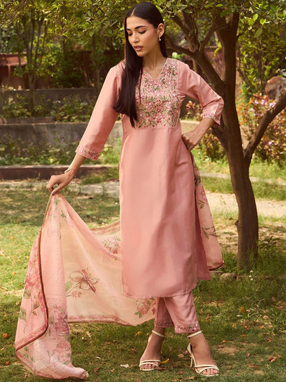Indyancart IE Floral Yoke Design Regular Thread Work Kurta with Trousers & Dupatta
