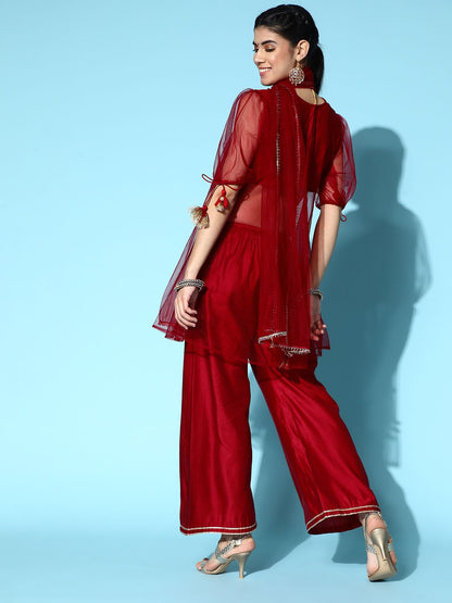 Indyancart IE Red Liva Sheer Kurta Set