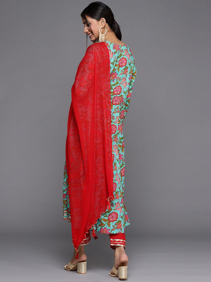 Indyancart VA Women's Blue & Pink Kalamkari Printed Anarkali Kurta with Trousers & Dupatta