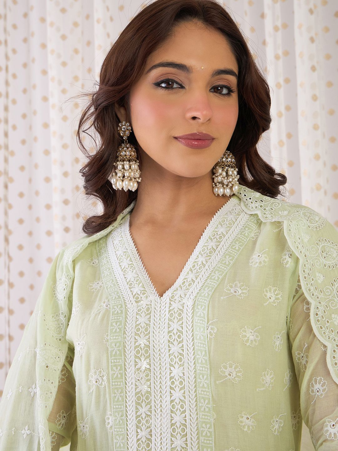 Indyancart IE Floral Embroidered Thread Work Pure Cotton Anarkali Kurta With Trousers & Dupatta