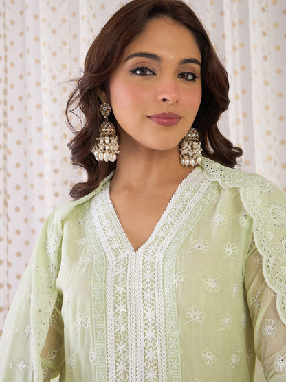Indyancart IE Floral Embroidered Thread Work Pure Cotton Anarkali Kurta With Trousers & Dupatta