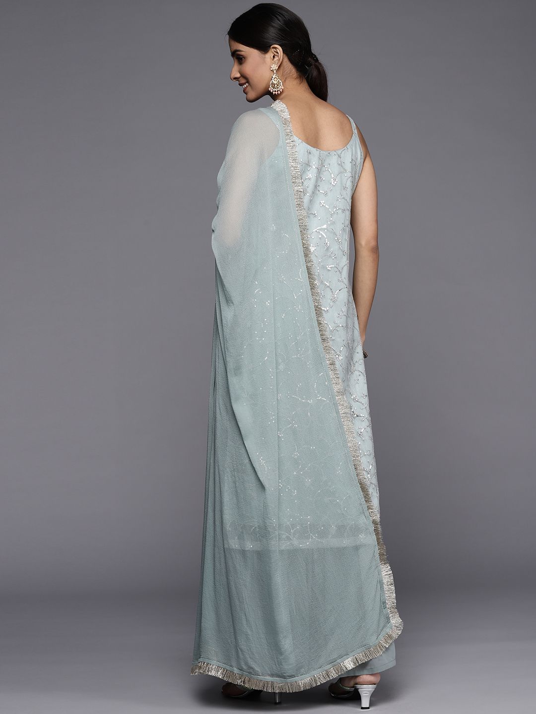 Indyancart VA Women Green Floral Sequinned Kurta with Sharara & With Dupatta