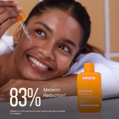 Arata Vitamin C face serum bottle with dropper, highlighting brightening and collagen support benefits.