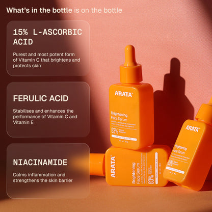 Arata Vitamin C face serum bottle with dropper, designed to brighten skin, target pigmentation, and support collagen production.
