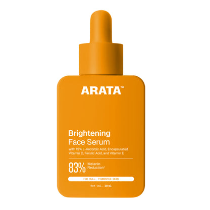Arata Vitamin C Face Serum bottle showing brightening and collagen support, with orange citrus imagery and clean packaging.