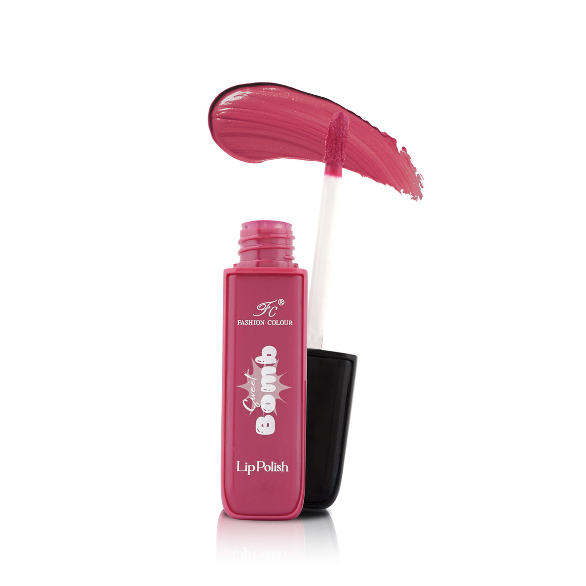 FASHION COLOUR Sweet Bomb Lip Gloss in Pink Sugar, showing a shiny, pink lip gloss tube with vibrant packaging.