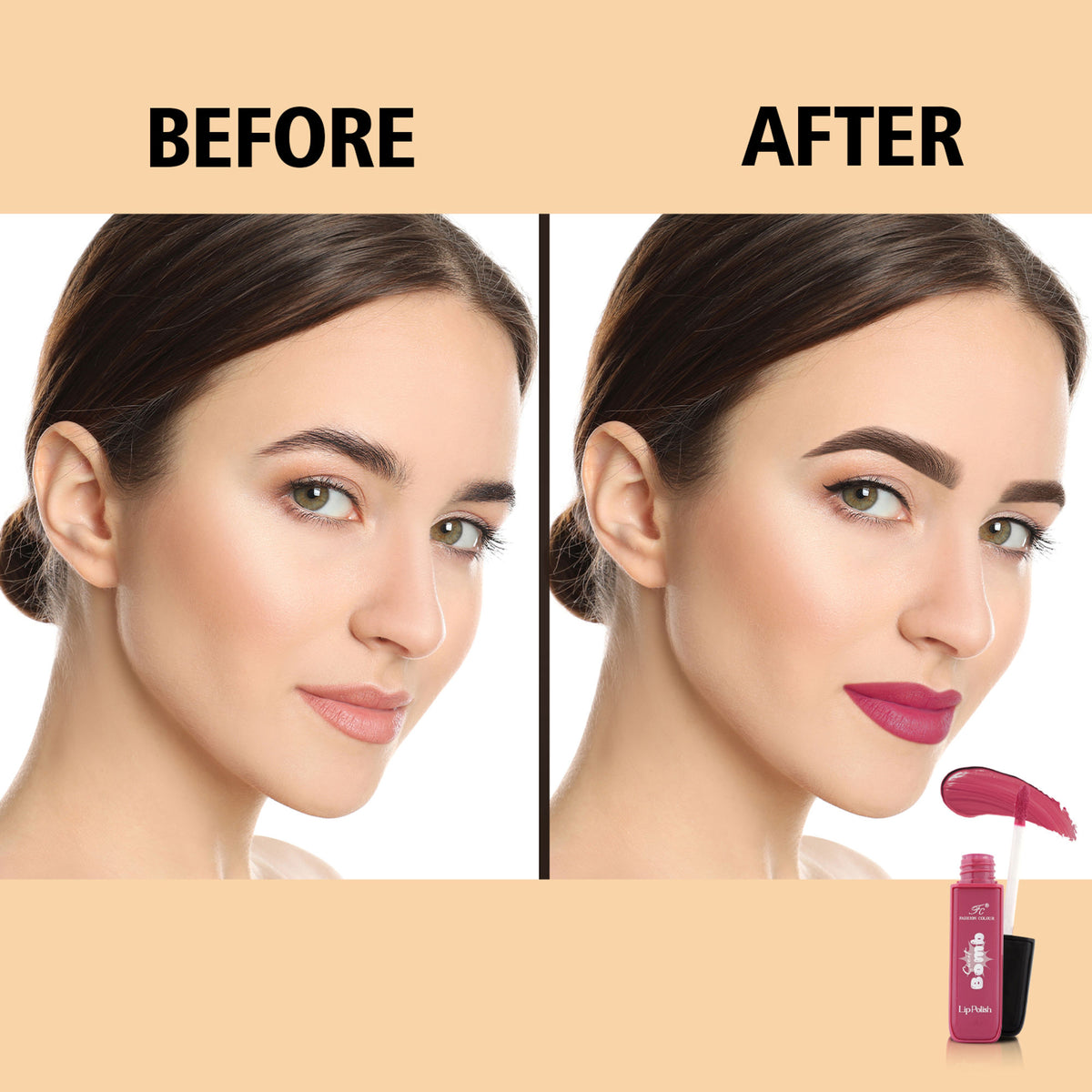 FASHION COLOUR Sweet Bomb Lip Gloss in Pink Sugar, shiny pink lip gloss tube with applicator wand, close-up shot.