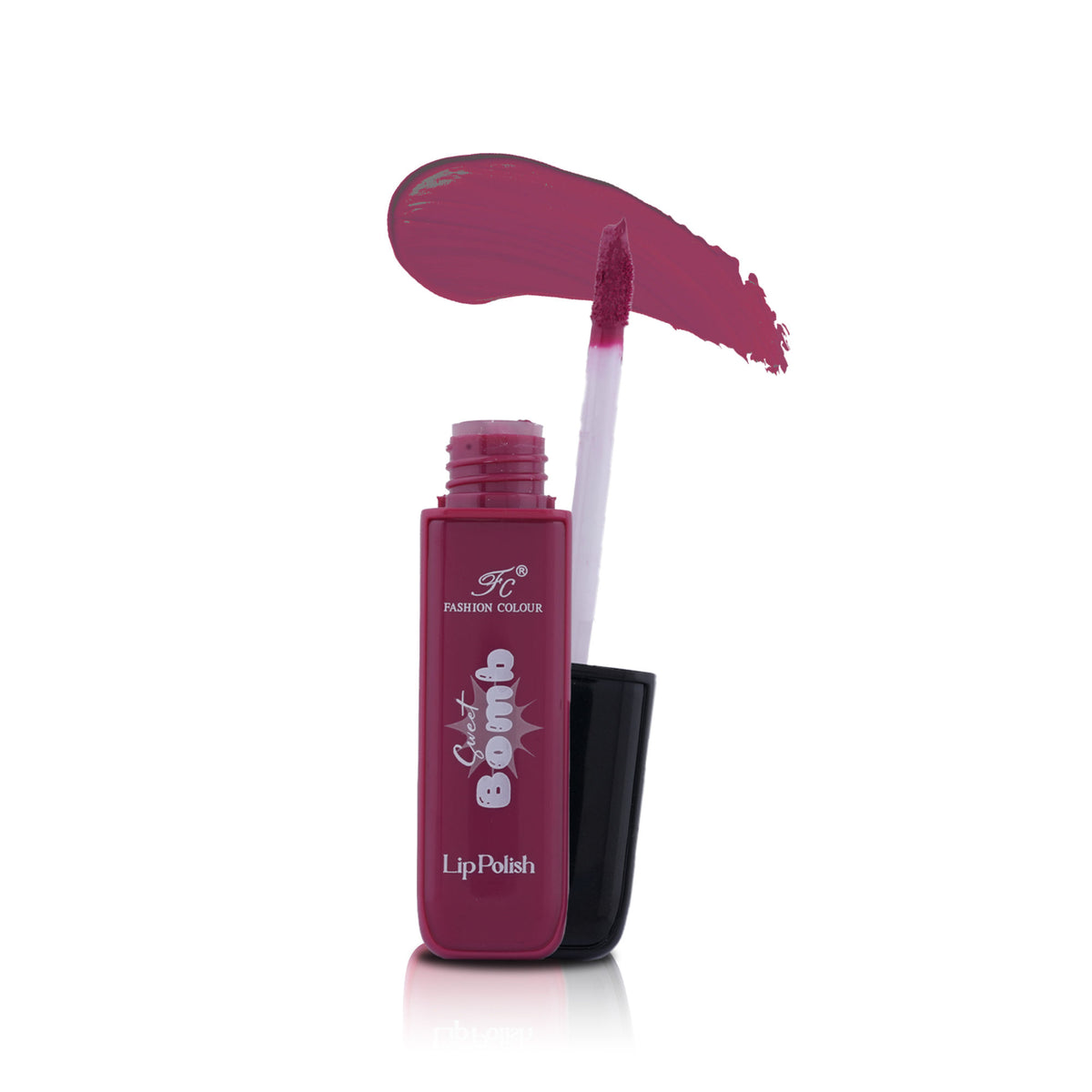 FASHION COLOUR Sweet Bomb Lip Gloss in Spicy Ruby, showing a shiny, deep red lip gloss tube with vibrant packaging.