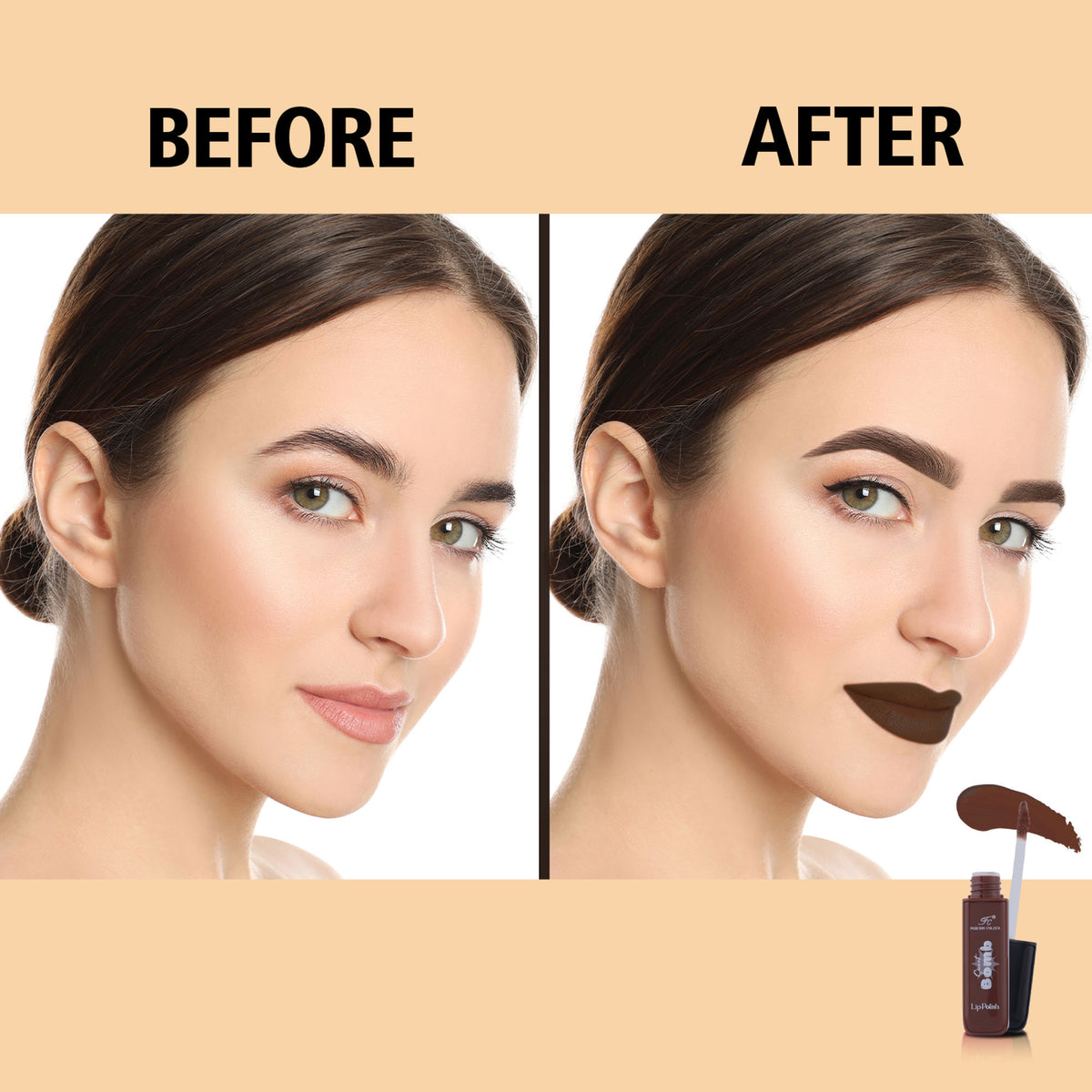 FASHION COLOUR Sweet Bomb Lip Gloss in Terracotta, showcasing the glossy, rich lip color with soft lighting and close-up view.