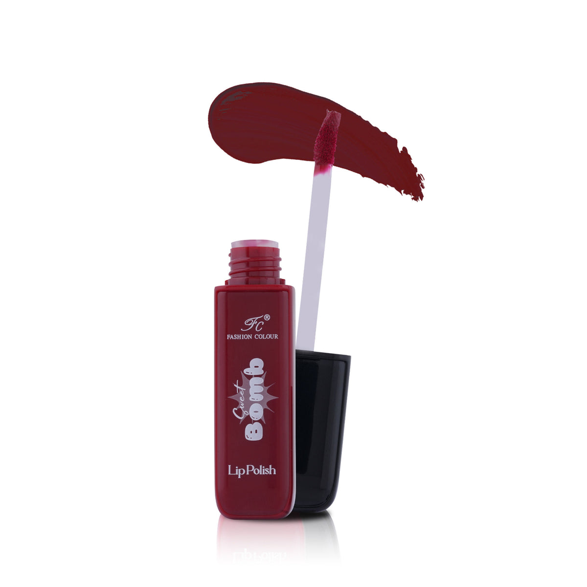 FASHION COLOUR Sweet Bomb Lip Gloss in Cherry Glaze, showcasing a shiny, vibrant red lip gloss tube with the product label.