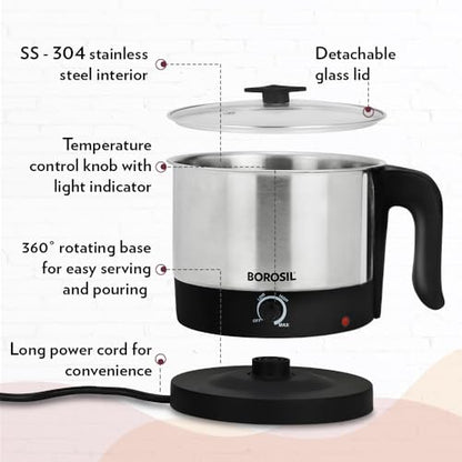 Borosil 1 L Omni Stainless Steel Electric Kettle with Egg Tray