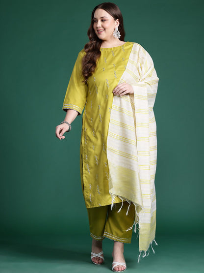 Dhiyona IE Plus Size Embroidered Sequinned Kurta With Trousers & Dupatta