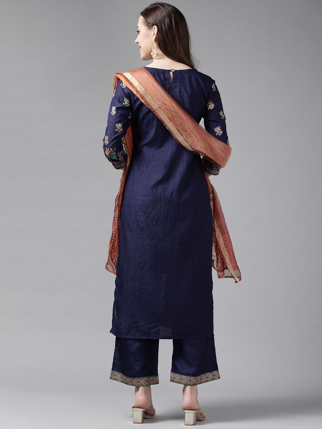 Dhiyona IE Women Navy Blue Ethnic Motifs Printed Kurta with Palazzos & With Dupatta