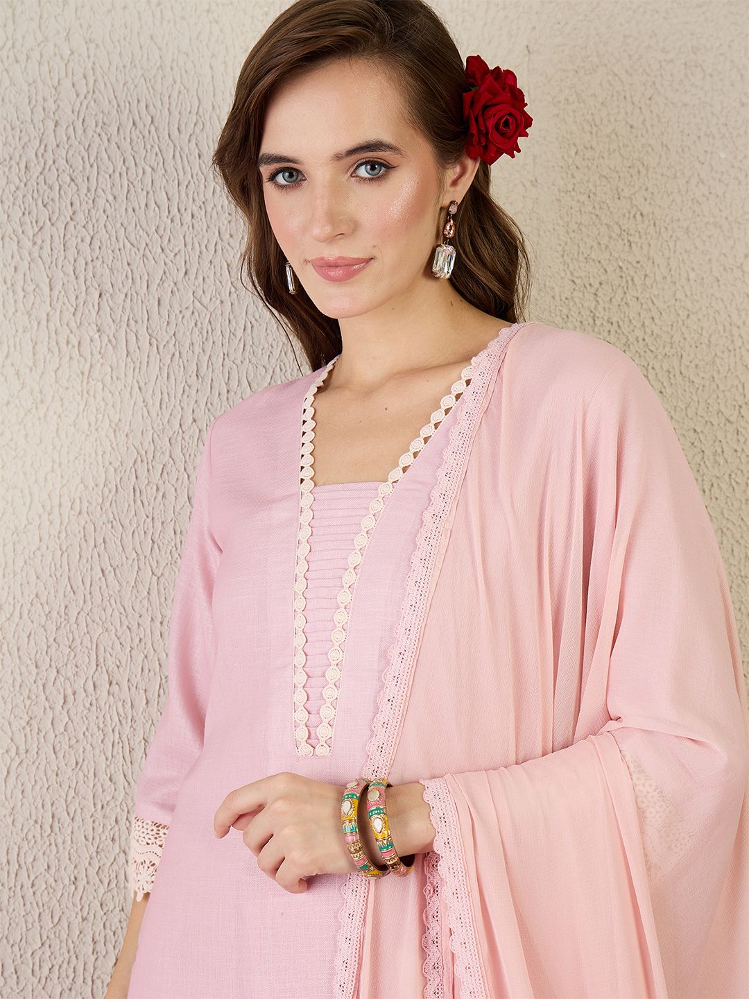 Floral Printed V Neck Straight Kurta With Trouser & Dupatta