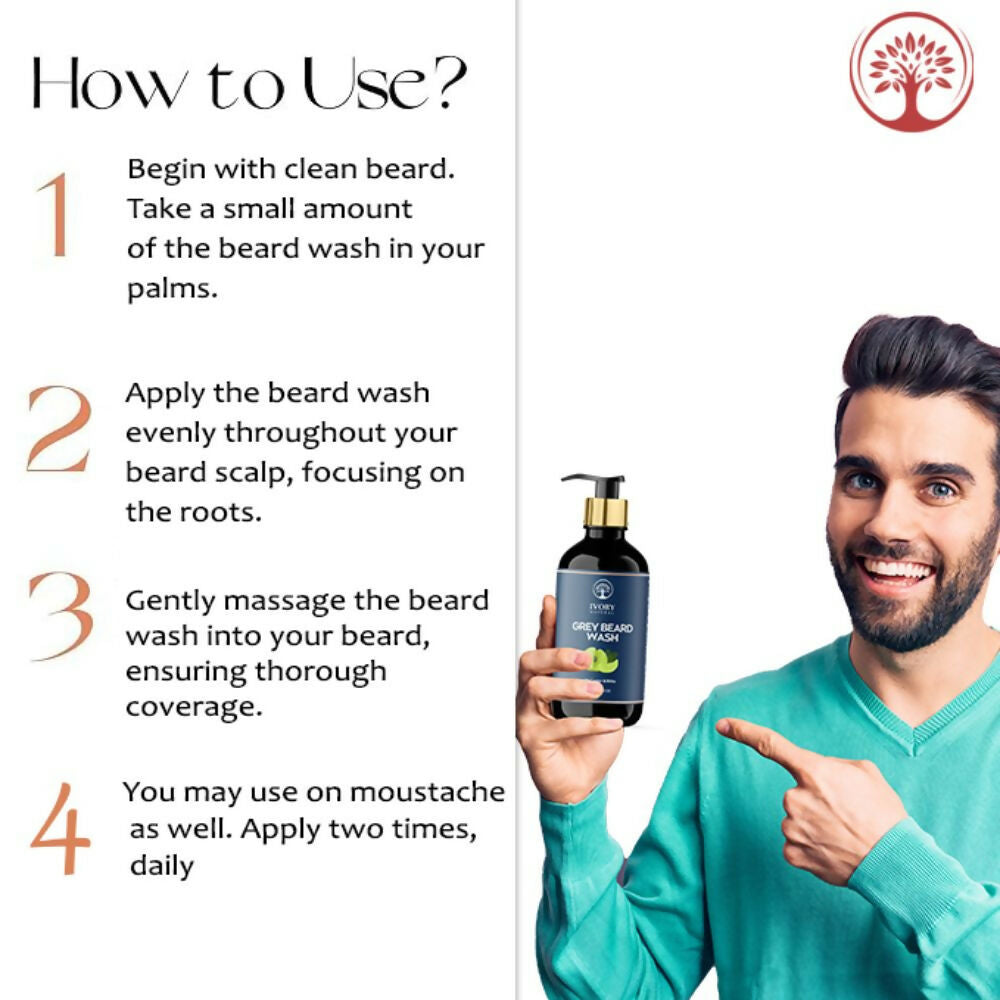 Ivory Natural beard wash for gray and graying beards, restoring natural black shade with gentle cleansing for men's facial hair.
