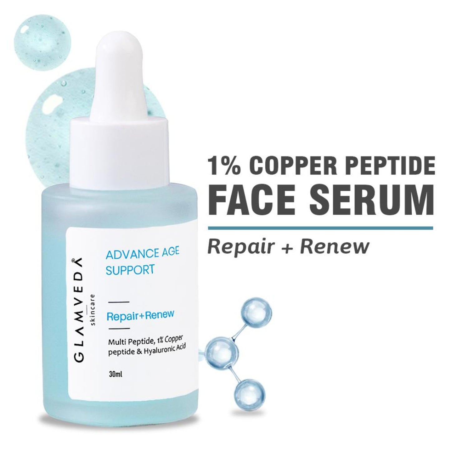 Glamveda 1% Copper Peptide + Hyaluronic Acid Anti Aging Serum - Reduces Fine Lines & Wrinkles
