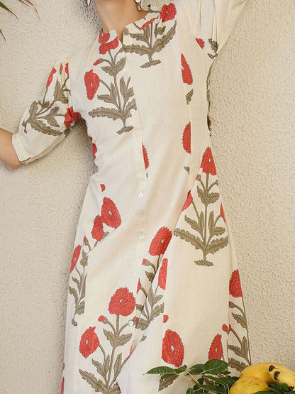 Indyancart IE Floral Printed Mandarin Collar A-Line Kurta