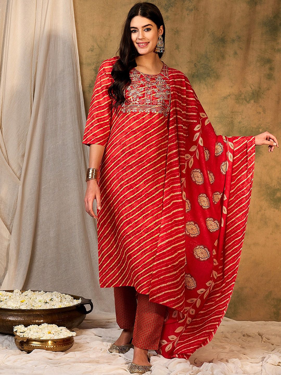 Indyancart IE Leheriya Printed Pure Cotton Kurta With Trousers & Dupatta