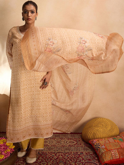 Indyancart IE Ethnic Motifs Printed Pure Cotton Straight Kurta with Trousers & Dupatta