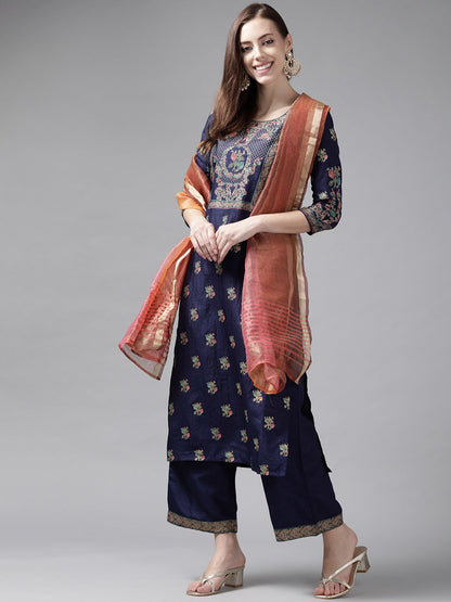 Dhiyona IE Women Navy Blue Ethnic Motifs Printed Kurta with Palazzos & With Dupatta