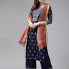 Dhiyona IE Women Navy Blue Ethnic Motifs Printed Kurta with Palazzos & With Dupatta