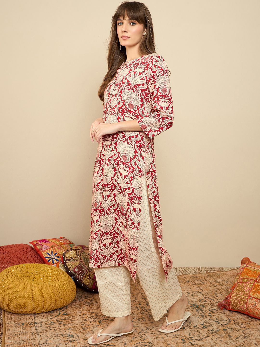 Indyancart IE Pack Of 2 Floral Printed Round Neck Straight Kurta