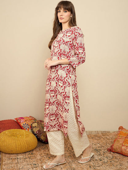 Indyancart IE Pack Of 2 Floral Printed Round Neck Straight Kurta