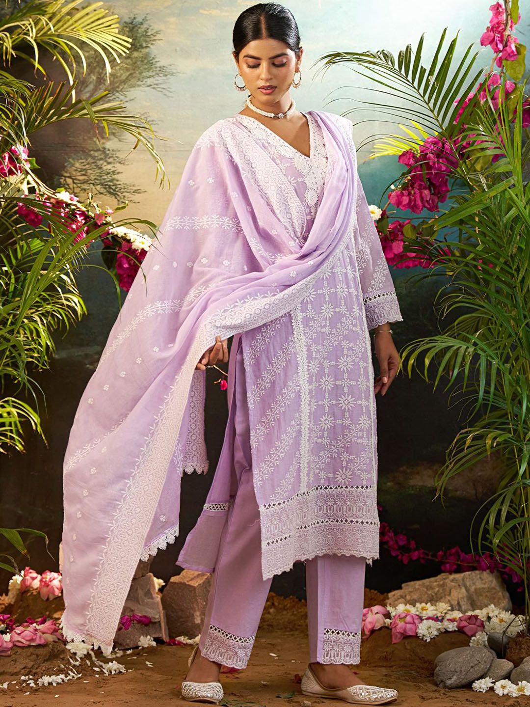 Women Solid Embroidered Cotton Kurta with Trousers & Dupatta