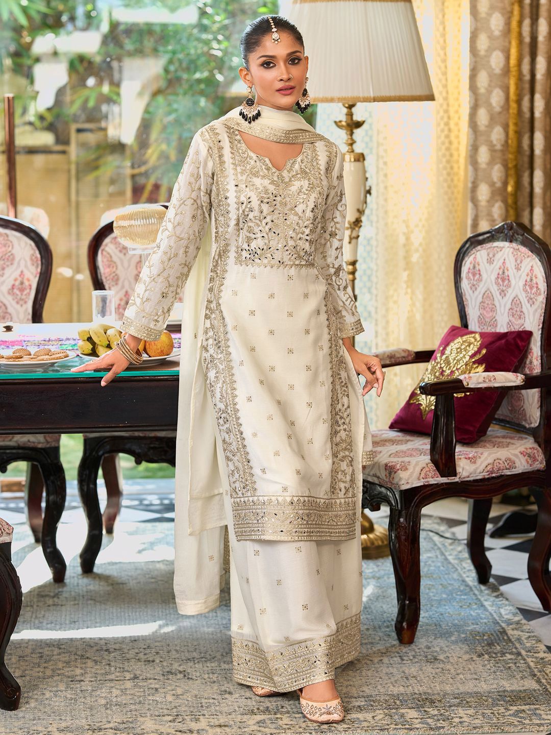 Indyancart IE Floral Embroidered Notch Neck Mirror Work Straight Kurta With Palazzos & Dupatta
