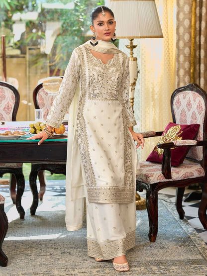 Indyancart IE Floral Embroidered Notch Neck Mirror Work Straight Kurta With Palazzos & Dupatta