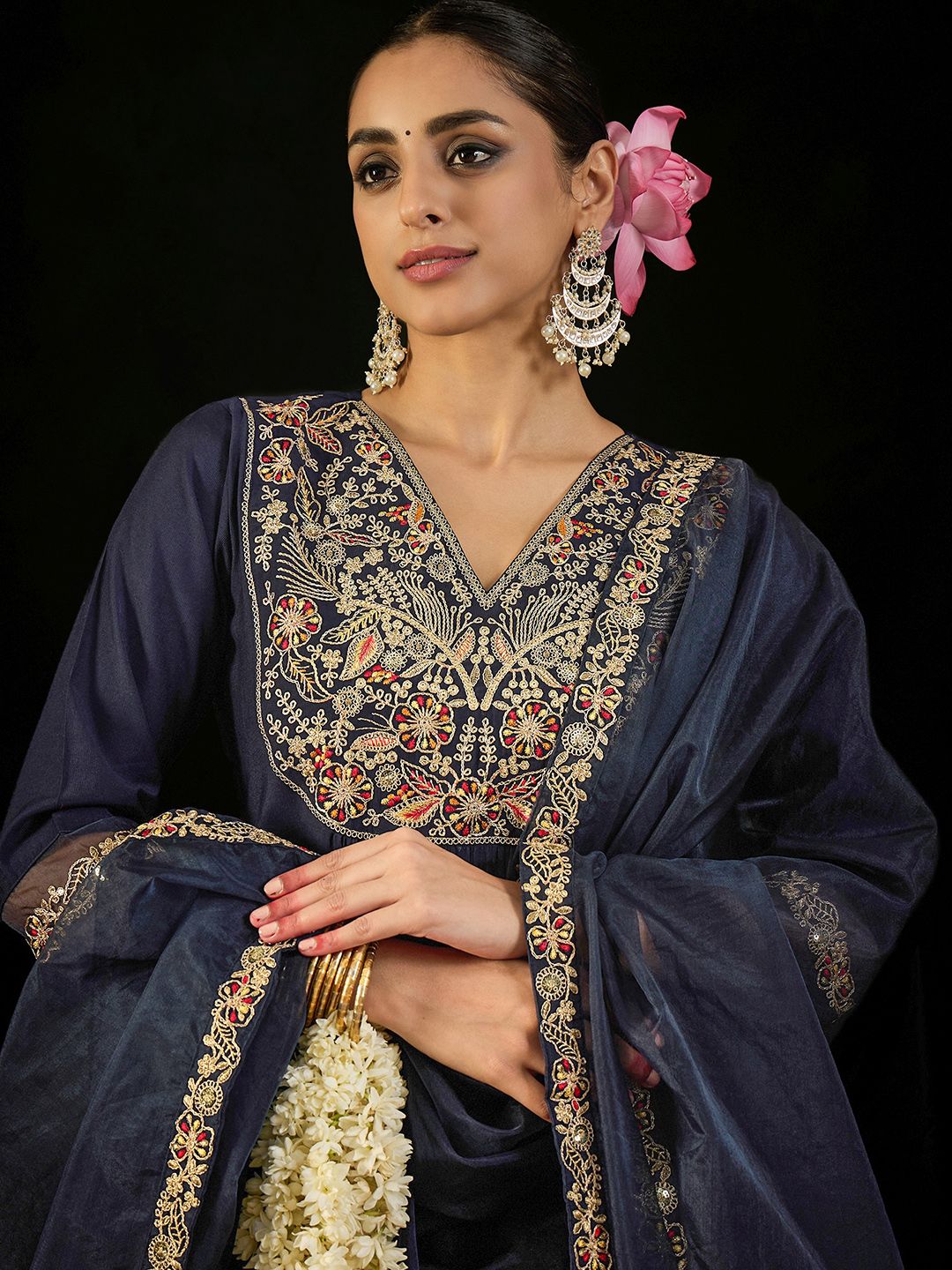 Indyancart IE Floral Embroidered Empire Liva Kurta with Trousers & Dupatta