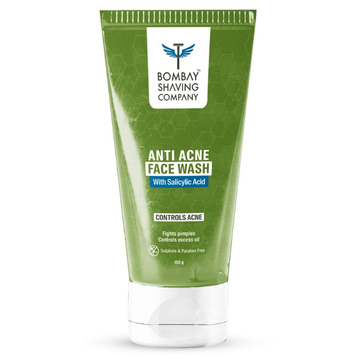 Bombay Shaving Company anti-acne face wash bottle with label, clear liquid, and pump dispenser on a clean surface
