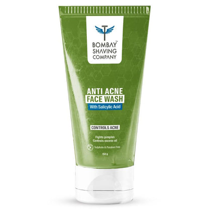 Bombay Shaving Company anti-acne face wash bottle with label, clear liquid, and pump dispenser on a clean surface