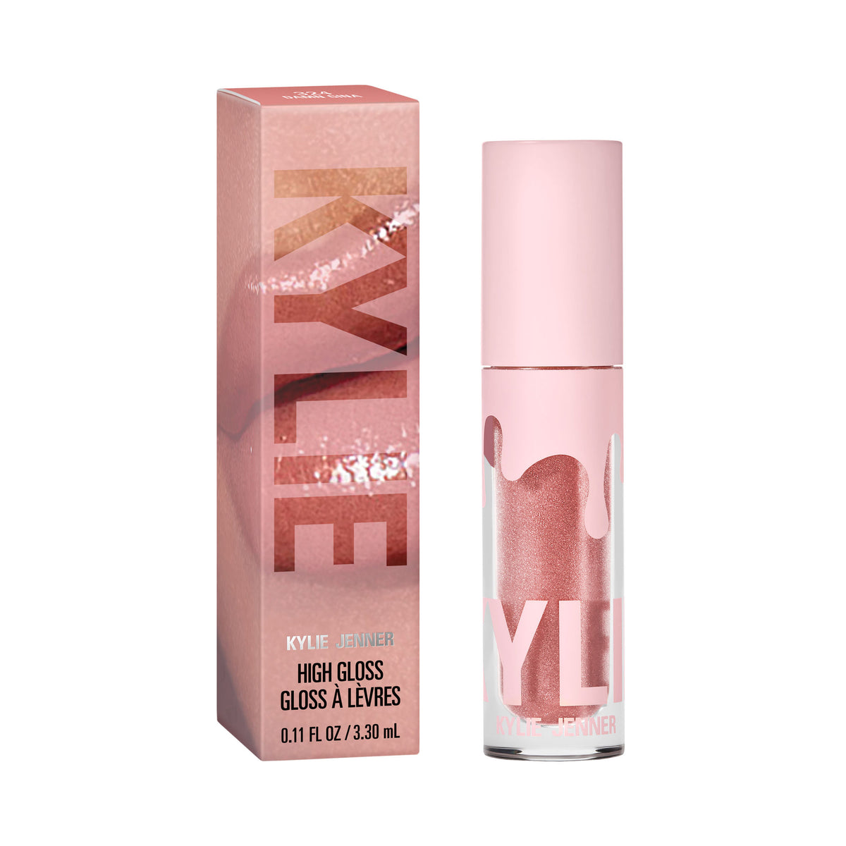 Kylie Cosmetics High Liquid Lip Gloss in shade Damn Gina, glossy lip product in clear tube with applicator wand.