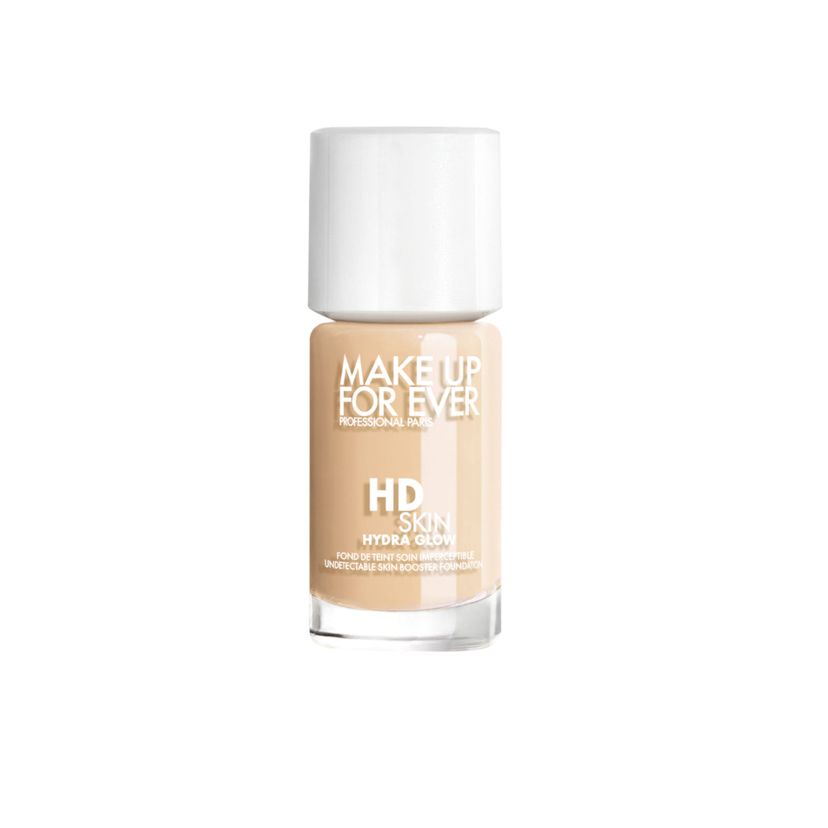 MAKE UP FOR EVER HD Skin Hydra Glow Foundation in shade 1N10 Ivory, showing the sleek bottle with foundation inside.