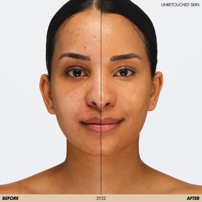 MAKE UP FOR EVER HD Skin Hydra Glow Foundation in shade 2Y32 Warm Caramel, bottle with pump and foundation swatch.